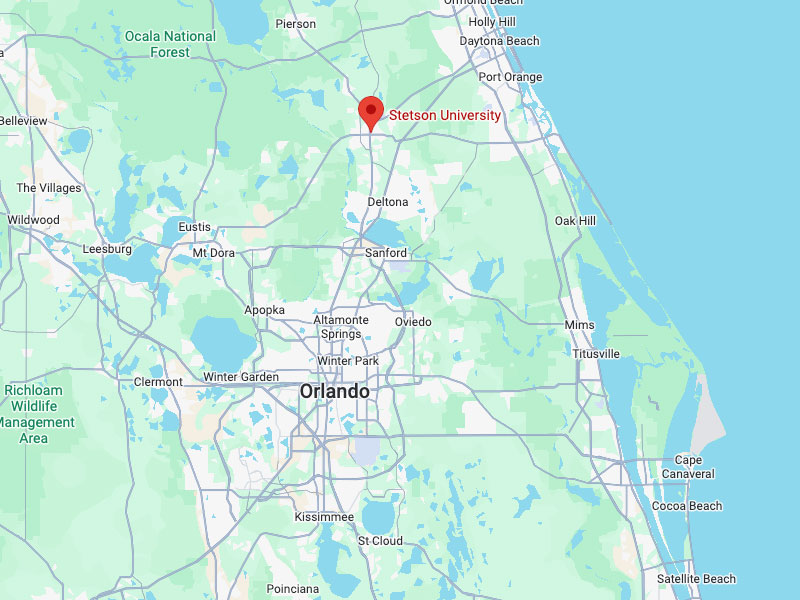 a map of central Florida with Stetson University highlighted by a marker