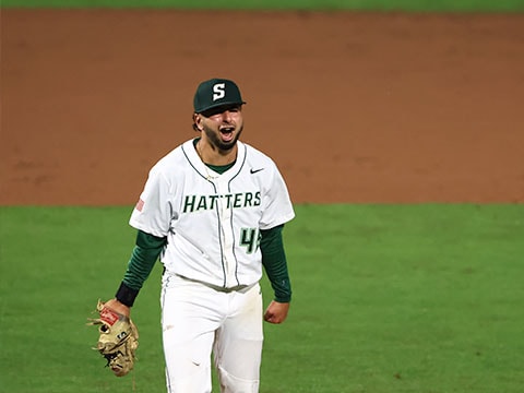 stetson baseball athelete yelling on melching field