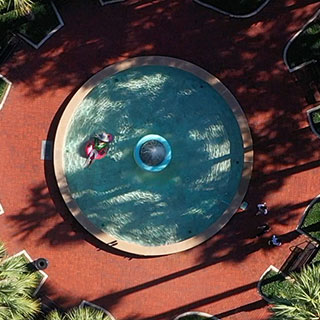 An arial view of the Holler Fountain in the Palm Court
