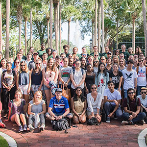 Stetson University international student group photo in the Palm Court