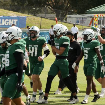 Stetson football players getting ready for the game