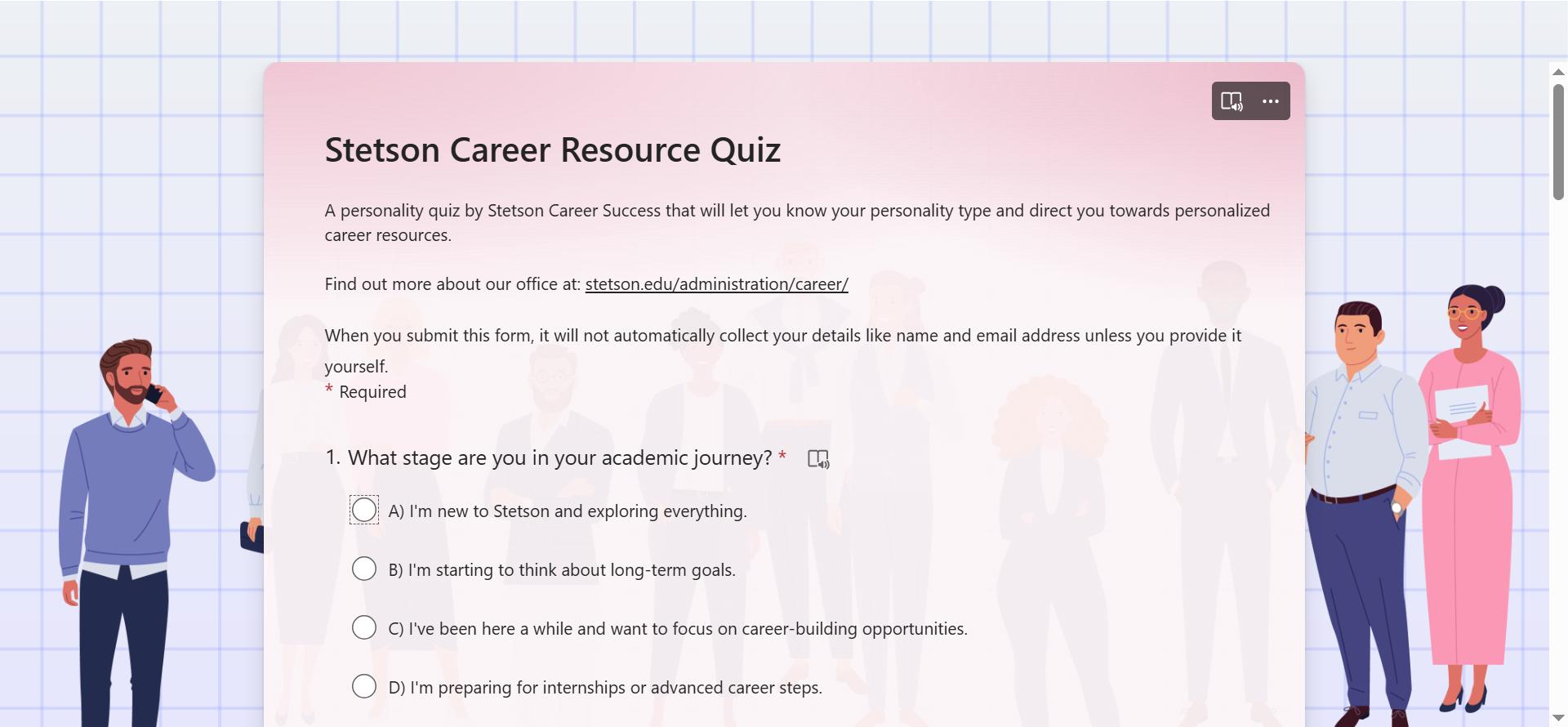 Screen capture of career quiz explaining the text below