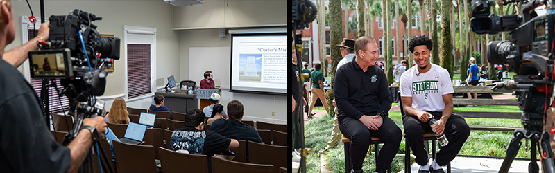 Two photos of TV cameras recording a classroom, left, and two people on campus