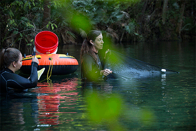 Two individuals in a natural water setting, possibly conducting a research or monitoring.