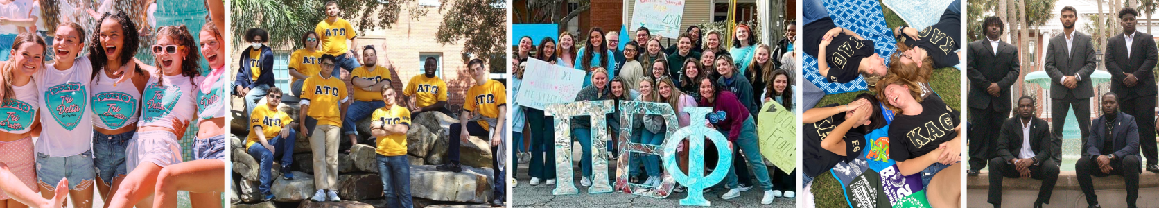 five photos of different greek organizations posing together