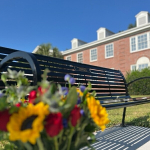 flowers next to bench on campus