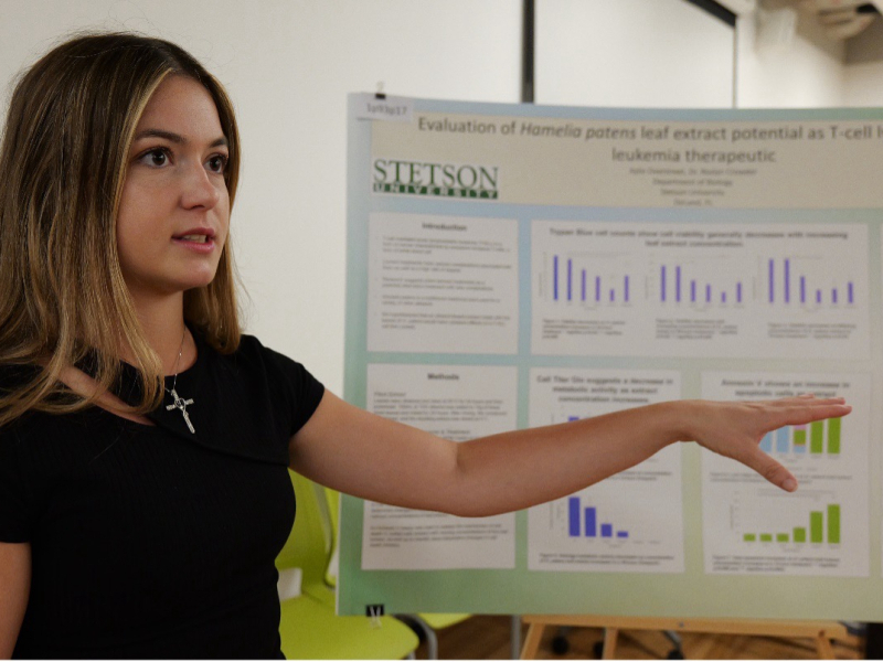 student presenting in front of poster