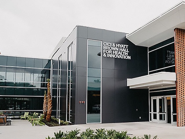 Entrance of the new Cici & Hyatt Brown Hall for Health & Innovation