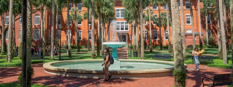 students outside walking around palm court 