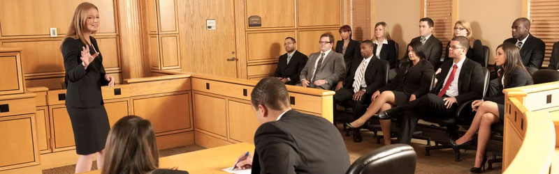 Stetson University law students practicing in a courtroom.