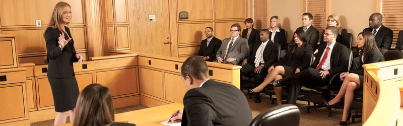 Stetson University law students practicing in a courtroom.