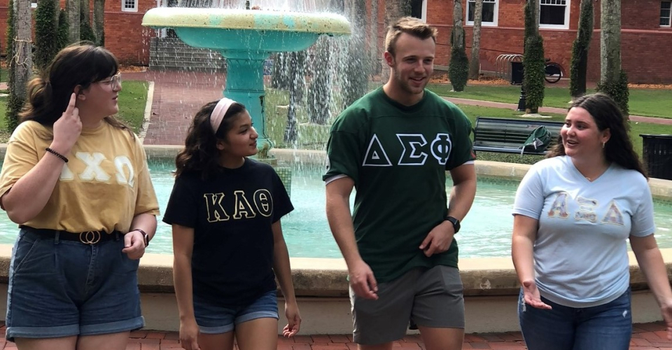 Image of different members of fraternities and sororities on the Stetson Rocks outside the CUB