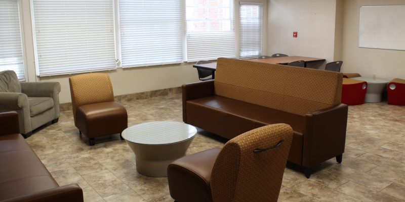 Lounge in Carson Basement, with sofas, armchairs, table and chairs
