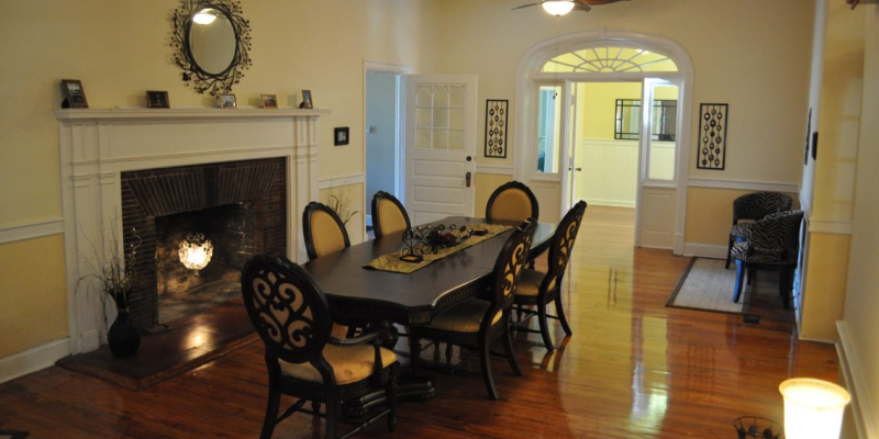 Chaudoin Hall's dining area with fireplace pre renovation