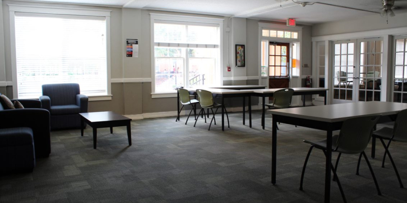 Lounge/study space in Conrad Hall