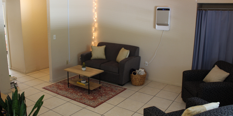 Stetson Cove Apartments living room, with sofas, coffee table and rug