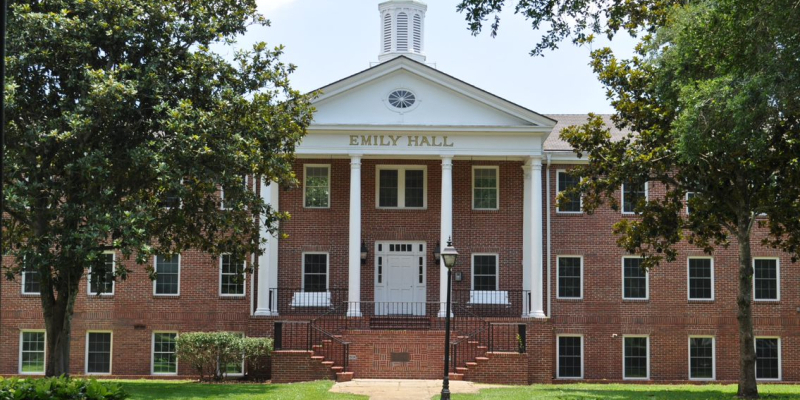 The red brick and white paint exterior of Emily Hall