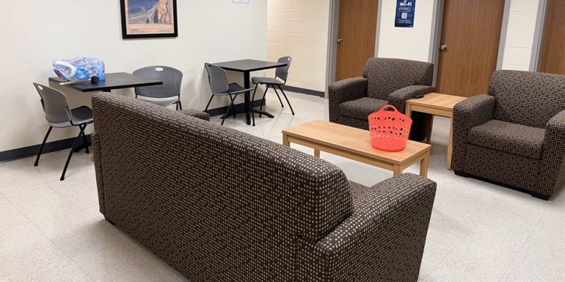 Lounge of Nemec Hall, with sofa, armchairs, tables and chairs