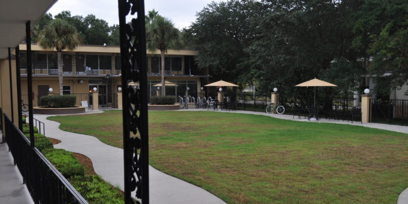 The courtyard of University Hall, with a lawn, tables and chairs