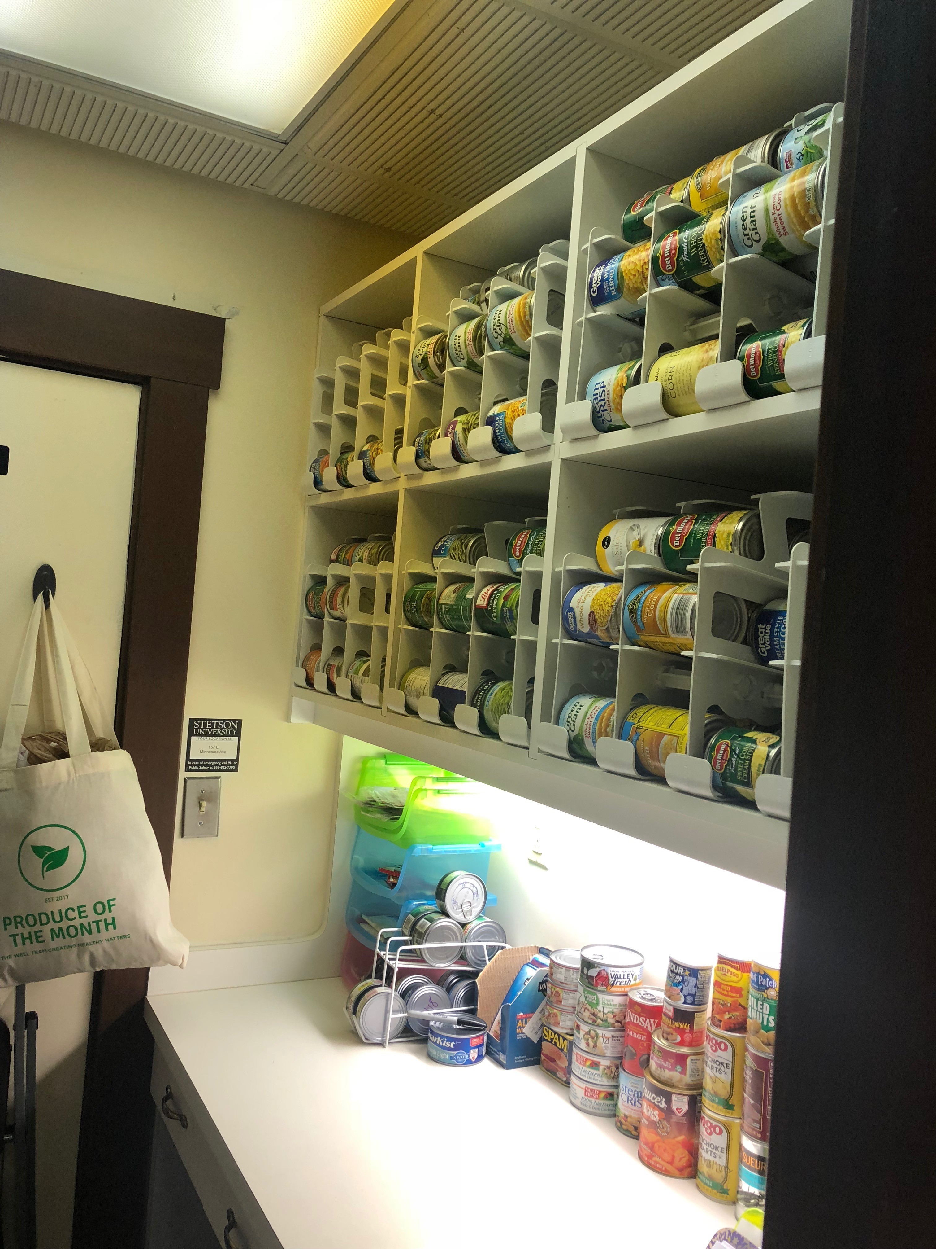 A well-stocked pantry shelf filled with canned goods, adjacent to a counter displaying an array of food items