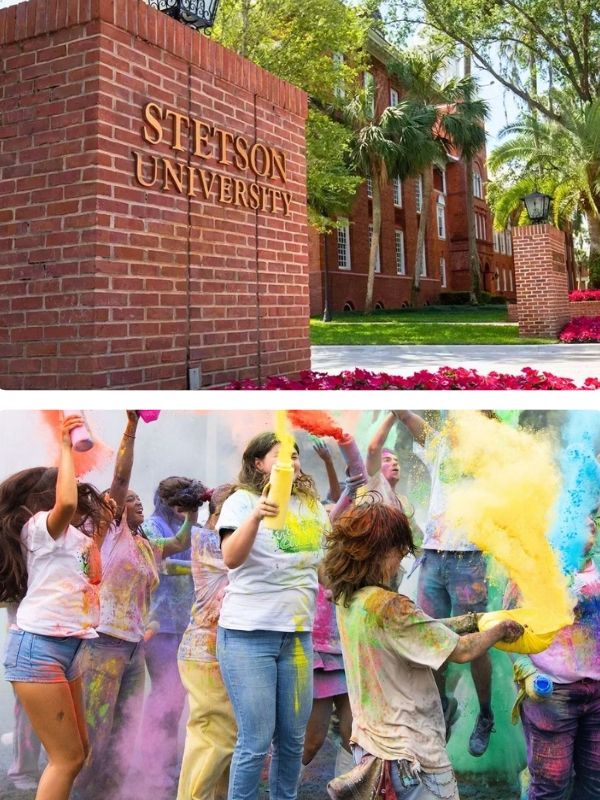 Stetson University entrance gates alongside students celebrating at HatterChella