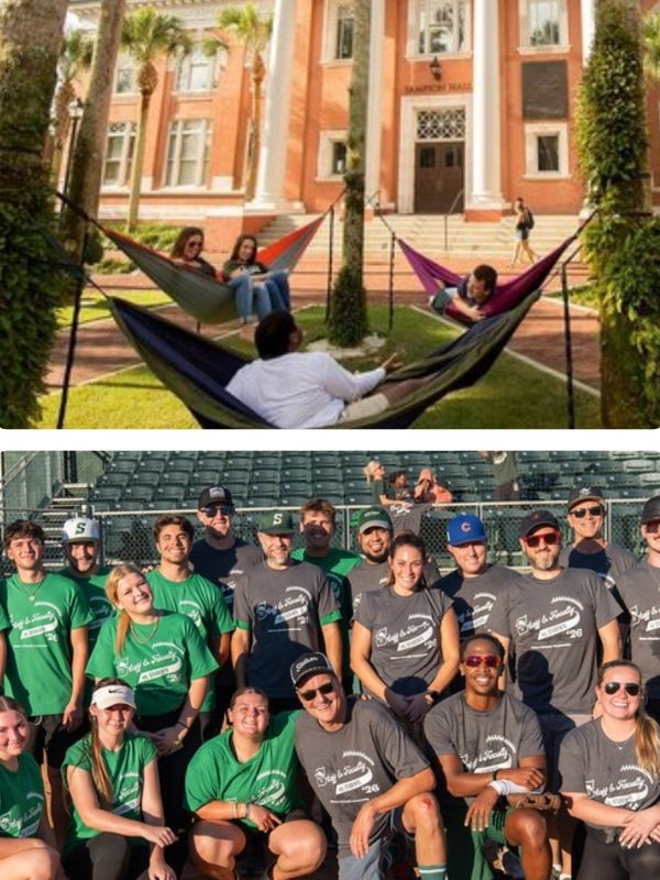 Stetson students relaxing in hammocks at Palm Court and participating in a campus softball game