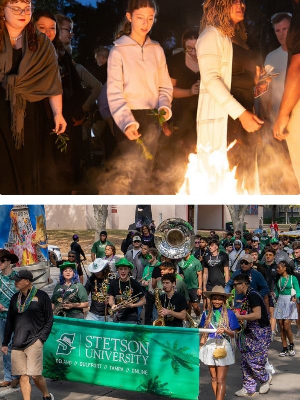 Stetson University Yule Log celebration and Mardi Gras Dog Parade