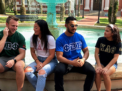 two students from sororities and two from fraternities talking together