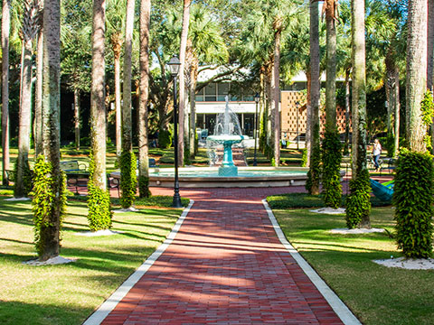 Stetson university palm court, with a view to Dupont-Ball Library