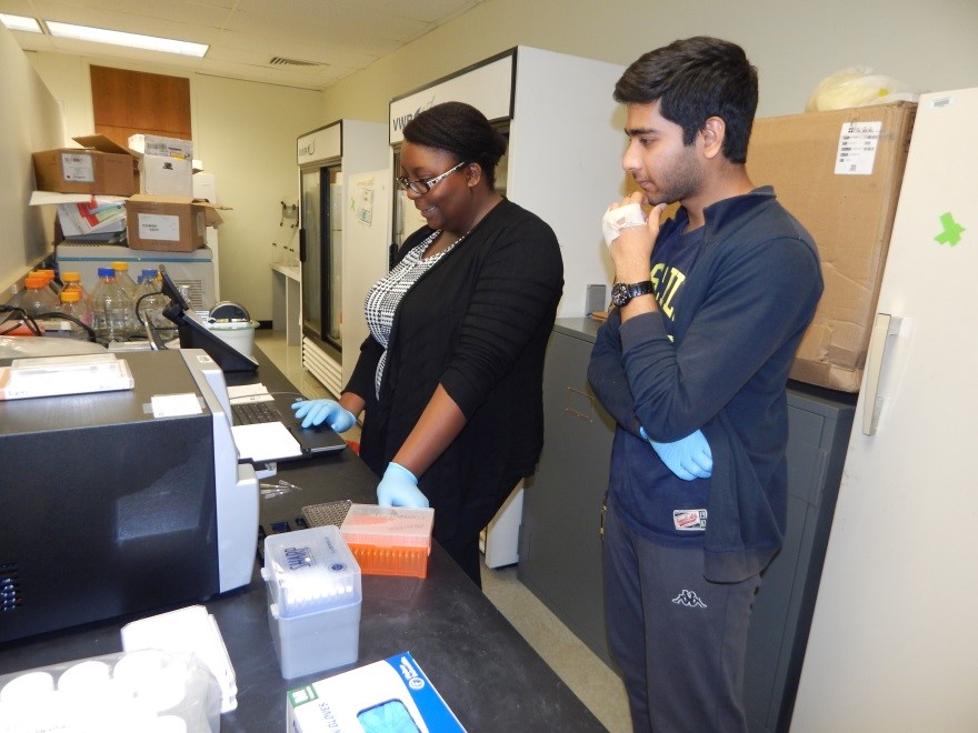 Dr. Roslyn Crowder and Sharjeel Qureshi using the bioluminescent plate reader