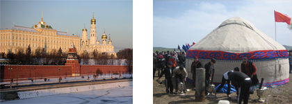 On the left, an historic, grand building with golden domes, which appears to be the Kremlin. On right, there is a traditional yurt with ornamental design, surrounded my a group of people