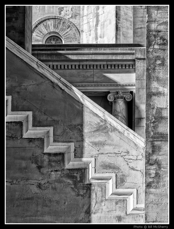 Artwork Product sample, a black and white architectural staircase with detailed stonework