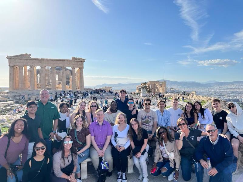 Stetson Students group picture next to greek ruins