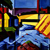 Abstract vibrant painting depicting urban scenery and a waterway, representing the dynamism of arts and culture.