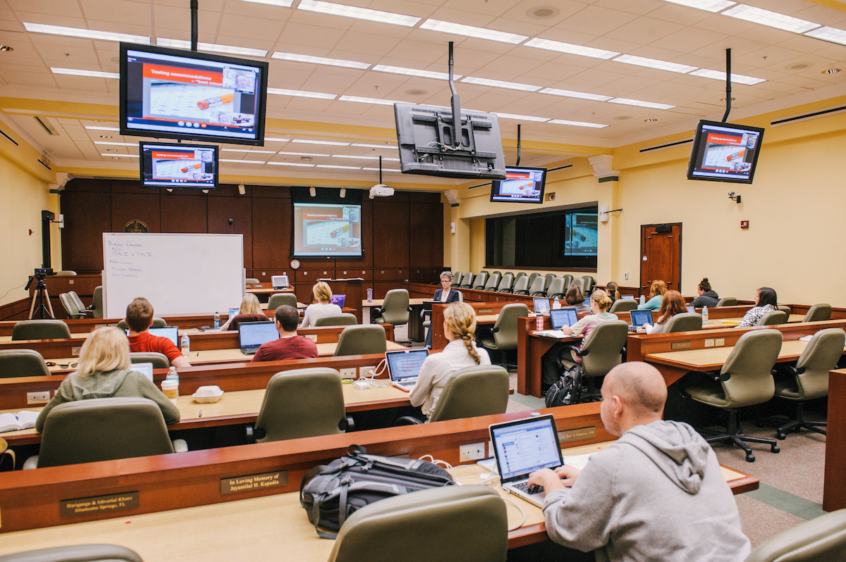 Students take an exam inside the Eleazer Courtroom