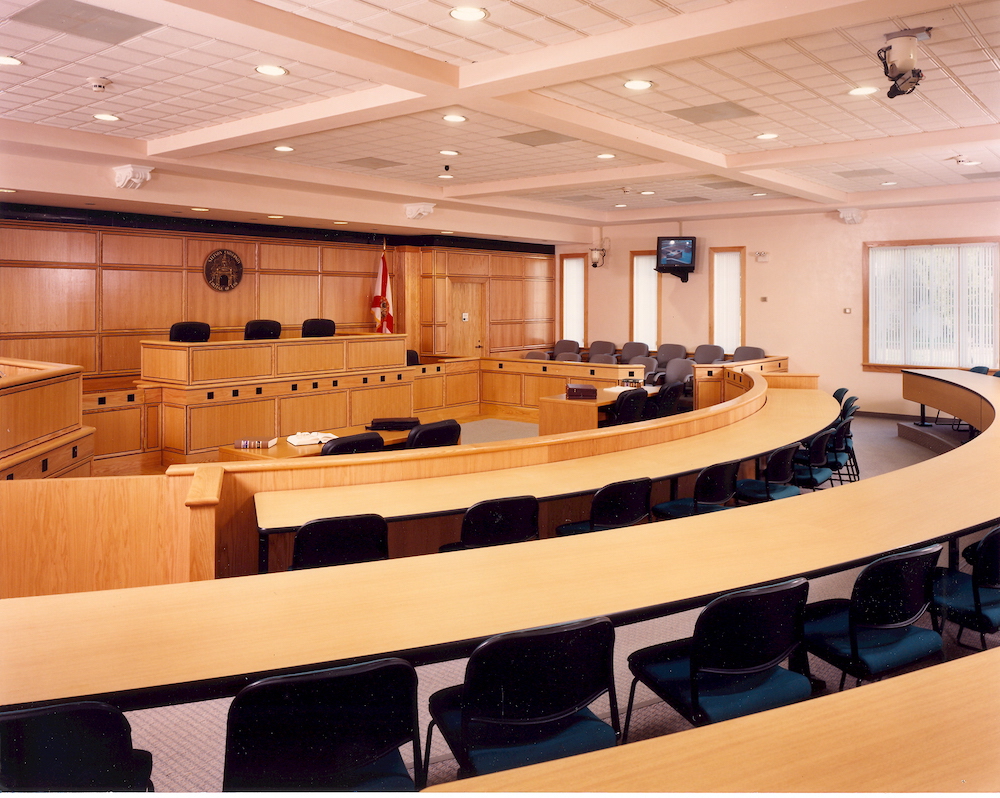 Students take an exam inside the Eleazer Courtroom