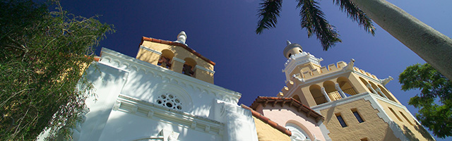 Upward view of the tower with palm tree and blue sky