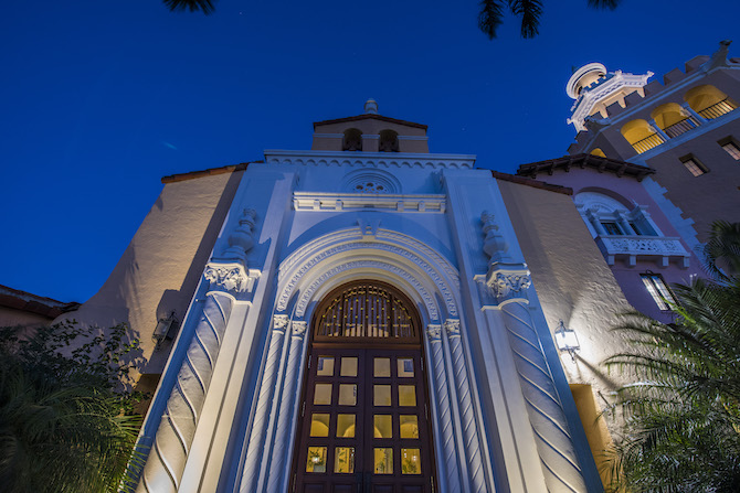 Exterior of a campus building at night