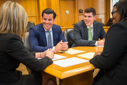 Students in a courtroom on campus