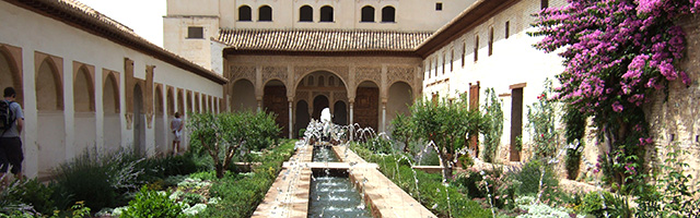 The Alhambra and the Generalife Gardens are high up in the hills located in Granada, Spain