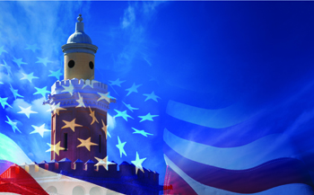A transparent image of the American flag with Stetson tower in the background.