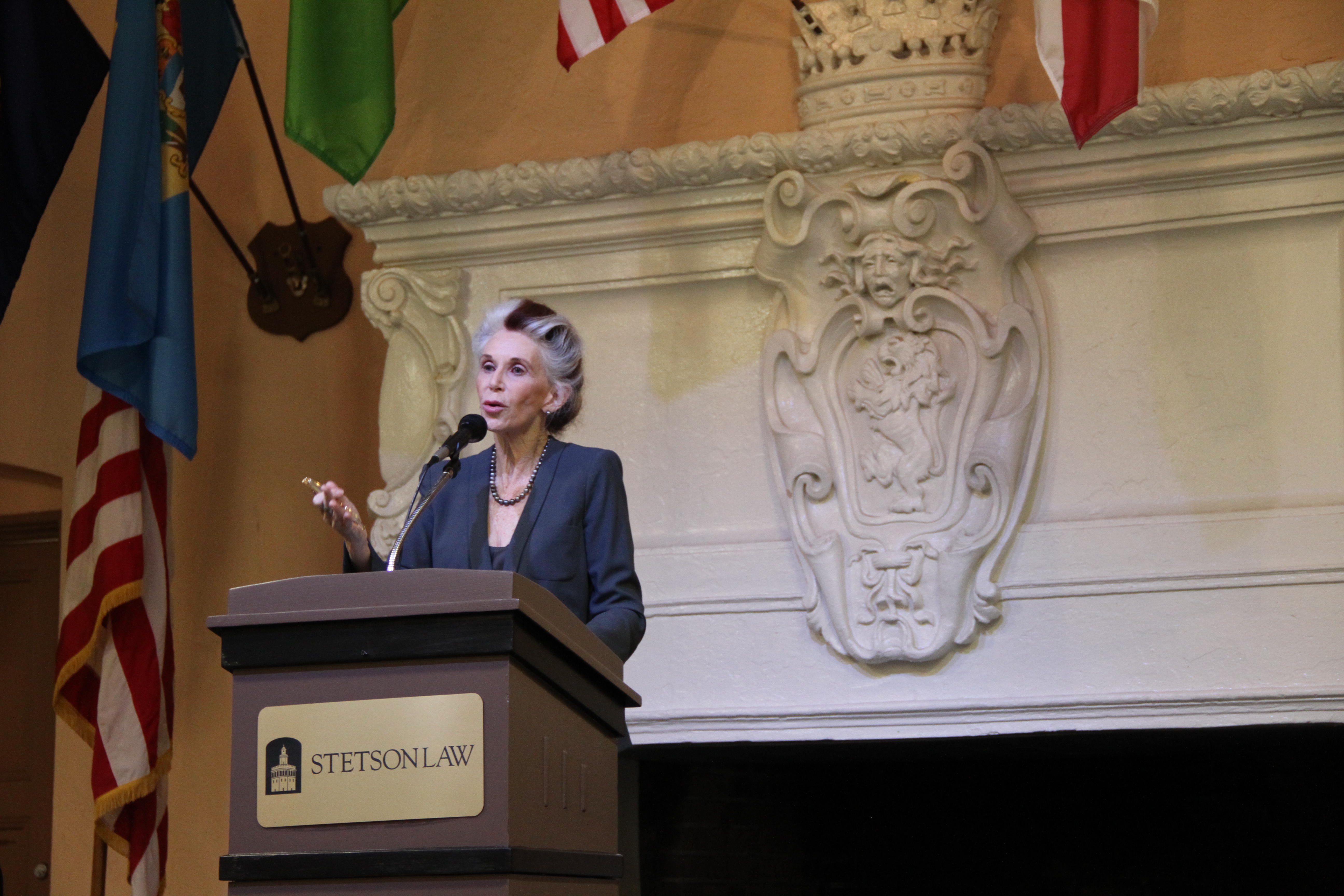 Professor Catharine MacKinnon spoke to a packed Great Hall at Stetson Law in Gulfport on Oct. 19. Photo by Merve Ozcan.