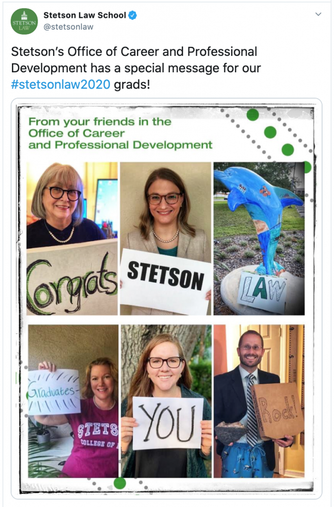 Tweet from the Office of Career and Professional Development saying Congrats Stetson Law Graduates You Rock!