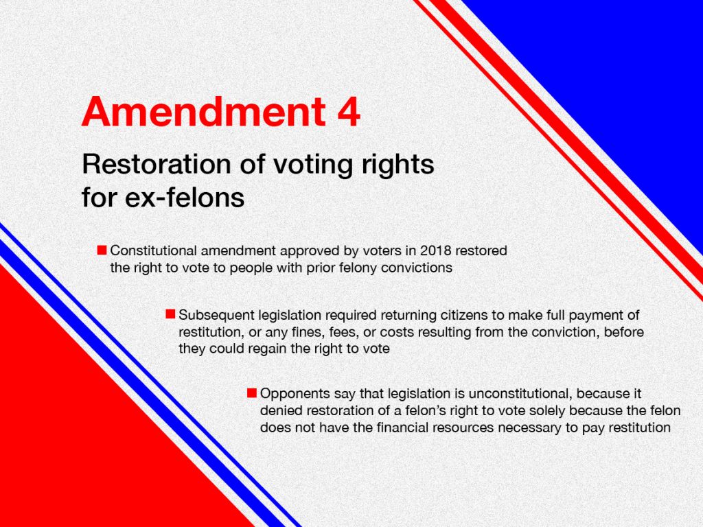 Infographic explains that Amendment 4 was approved by voters in 2018, but subsequent legislation is being challenged as unconsitutional.