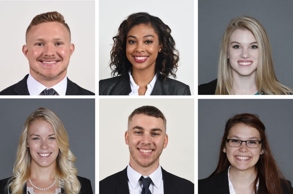 Members of the Dispute Resolution Board competed at the regional rounds of the American Bar Association Law Student Division Client Counseling Competition. Clockwise from top left: Joseph “J.R.” Boyd, Leah Le’Vell, Gabriele Bodanza, Lydia Plotz, Taylor Bollt, and Brooke Ennis.