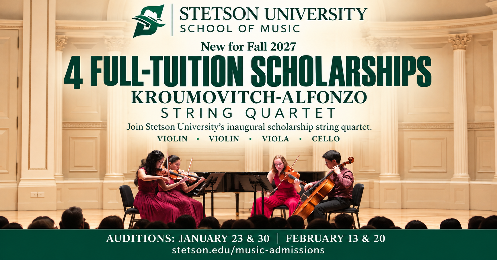 4 full tuition scholarships for music quartet