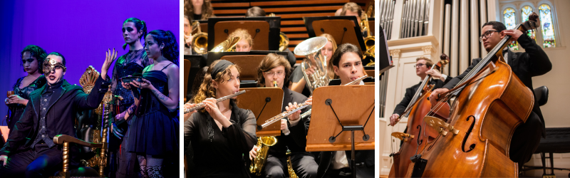 Opera scene, flute students and brass students playing, upright bass students performing