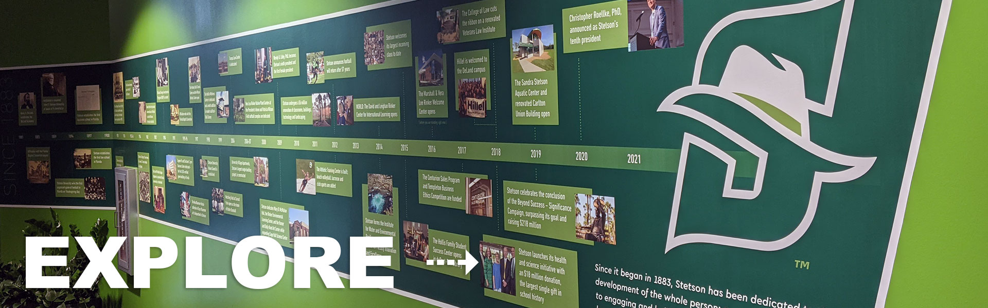 A wall wrap with Stetson University's historical timeline on it.