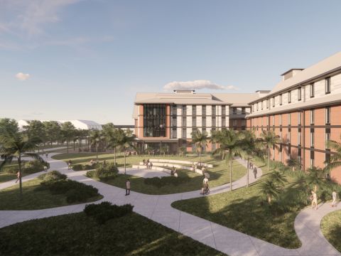 residence hall model of courtyard aerial view