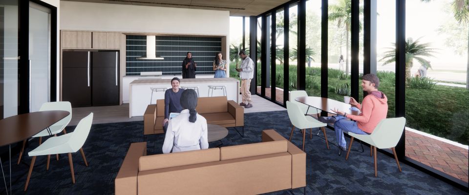 residence hall model of ground level lounge